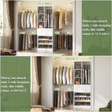 Besiost Closet System, 4.2–8.8 FT Closet Organizer with 2 Wooden Drawers and Shelves, Walk-in Closet System with 5 Hang Rods, Built-in Reach in Closet Tower, Can Fit 60 to 96 inch, White Besiost