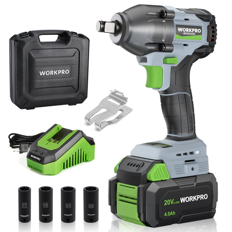 WORKPRO Cordless Impact Wrench 1/2 inch, 20V Brushless Impact Gun, High Torque 370 Ft-Lbs (500N.M), Variable Speeds, with 4.0 Ah Battery, Fast Charger, 4 Impact Sockets and Storage Case WORKPRO