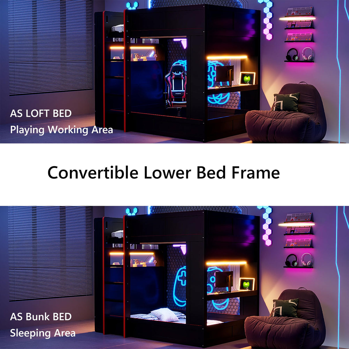 Polibi Full Size Gaming Bunk Bed with Desk, Built-in Charging Station (2 Outlets & 2 USB), LED Lights, Storage Shelves, Black Wood & MDF Frame for Teens & Adults, No Box Spring Needed Polibi