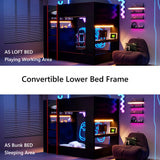 Polibi Full Size Gaming Bunk Bed with Desk, Built-in Charging Station (2 Outlets & 2 USB), LED Lights, Storage Shelves, Black Wood & MDF Frame for Teens & Adults, No Box Spring Needed Polibi