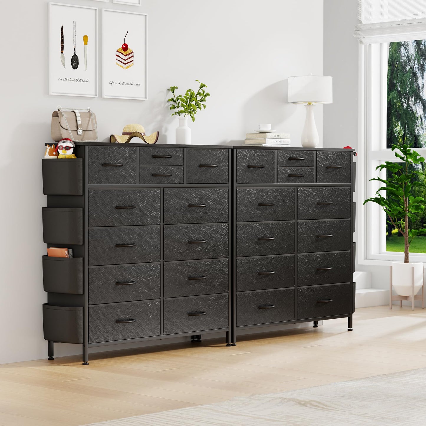 Lulive Dresser for Bedroom with 12 Drawers, Tall Dresser Chest of Drawers with Side Pockets and Hooks, Fabric Dresser Storage Tower for Closet, Hallway, Living Room (Black) - WoodArtSupply