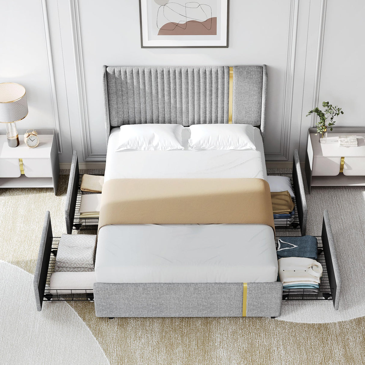 YITAHOME Modern Upholstered Full Size Bed Frame with Storage Drawers and Elegant Wingback Headboard in Grey and Gold YITAHOME