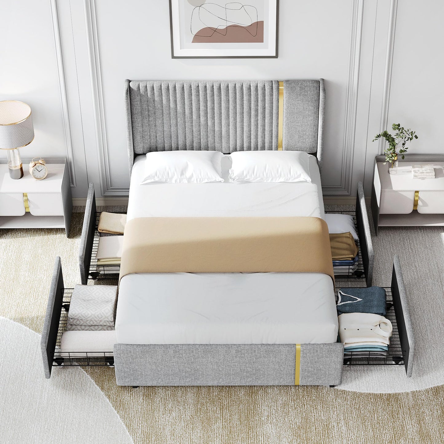 YITAHOME Modern Upholstered Full Size Bed Frame with Storage Drawers and Elegant Wingback Headboard in Grey and Gold