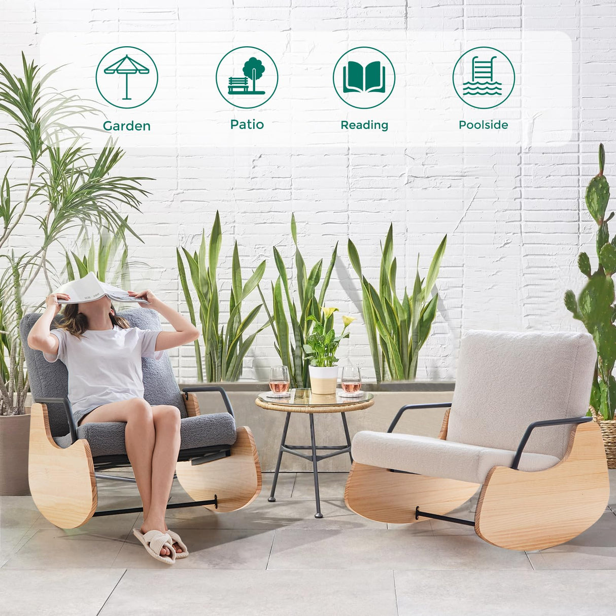 YOSHOOT Indoor & Outdoor Patio Rocking Chair, Outdoor Glider Recliner Chair, Wooden Boucle Rocking Chair, Outdoor Rocker Chair, Adjustable Backrest, for Outdoor Living Room Bedroom Office Garden YOSHOOT