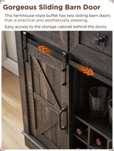 OKD 72" Farmhosue Bar Cabinet with Sliding Barn Door, Large Kitchen Buffet with Hutch w/Wine & Glasses Rack, 3 Drawers, 12 Storage Shelves, Rustic Coffee Bar Sideboard Table, Dark Rustic Oak OKD