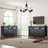 Hlivelood Farmhouse 9 Drawer Dresser with LED Lights, 63" Wide Large Chest of Drawers for Bedroom, Modern Wood Dresser Storage Organizer with Charging Station for Living Room, Bedroom, Hallway, Black Hlivelood