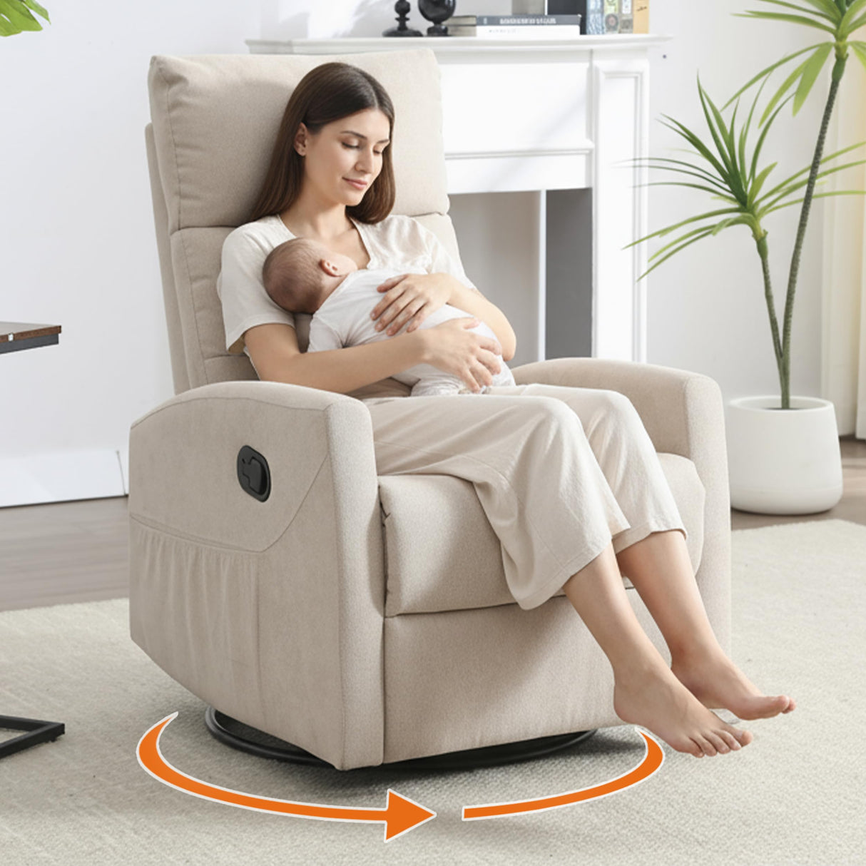 EZZUP 360° Swivel Recliner Chairs for Small Spaces, A Recliner with Side Pockets, Small Rocker Recliner for Living Room, Bedroom, Cream Recliner Chair for Adults EZZUP