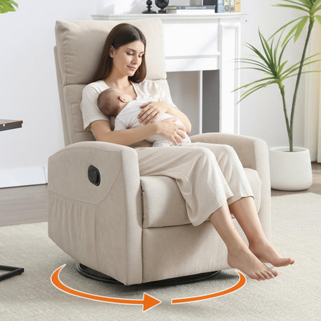 EZZUP 360° Swivel Recliner Chairs for Small Spaces, A Recliner with Side Pockets, Small Rocker Recliner for Living Room, Bedroom, Cream Recliner Chair for Adults EZZUP