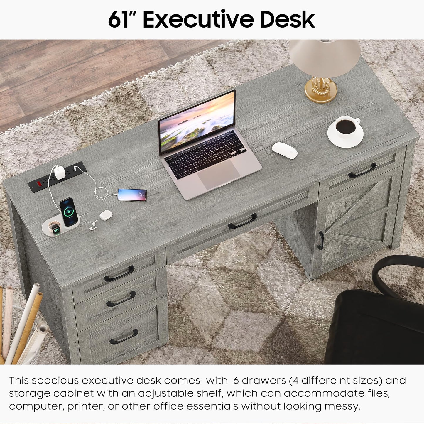 Farmhouse 61'' Executive Desk with 5 Drawers, Rustic Office Desk Computer Desk with Charging Station, File Drawers and Storage Cabinet, Wood Workstation for Home Office and Study, Gray - WoodArtSupply