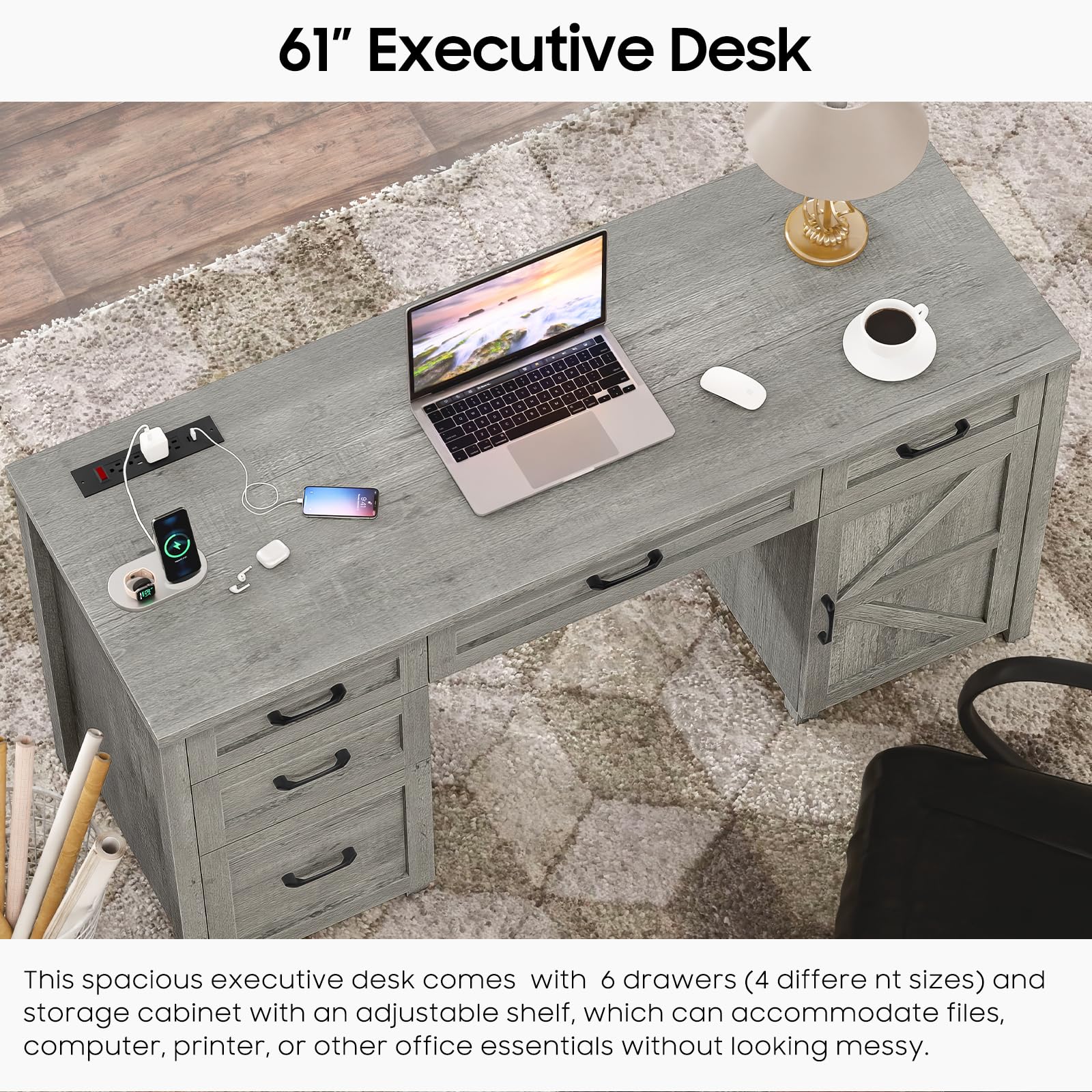 Farmhouse 61'' Executive Desk with 5 Drawers, Rustic Office Desk Computer Desk with Charging Station, File Drawers and Storage Cabinet, Wood Workstation for Home Office and Study, Gray - WoodArtSupply