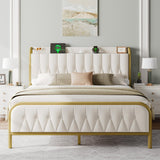 Einhomn Velvet Queen Bed Frame with Charging Station, Platform Bed with Upholstered Storage Headboard & Footboard, 12" Underbed Space, Noise-Free, Easy Assembly, No Box Spring Needed, Beige Einhomn