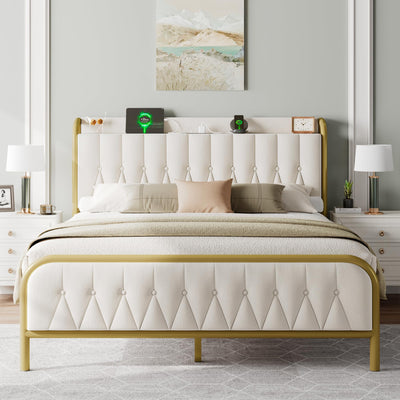 Einhomn Velvet Queen Bed Frame with Charging Station, Platform Bed with Upholstered Storage Headboard & Footboard, 12" Underbed Space, Noise-Free, Easy Assembly, No Box Spring Needed, Beige