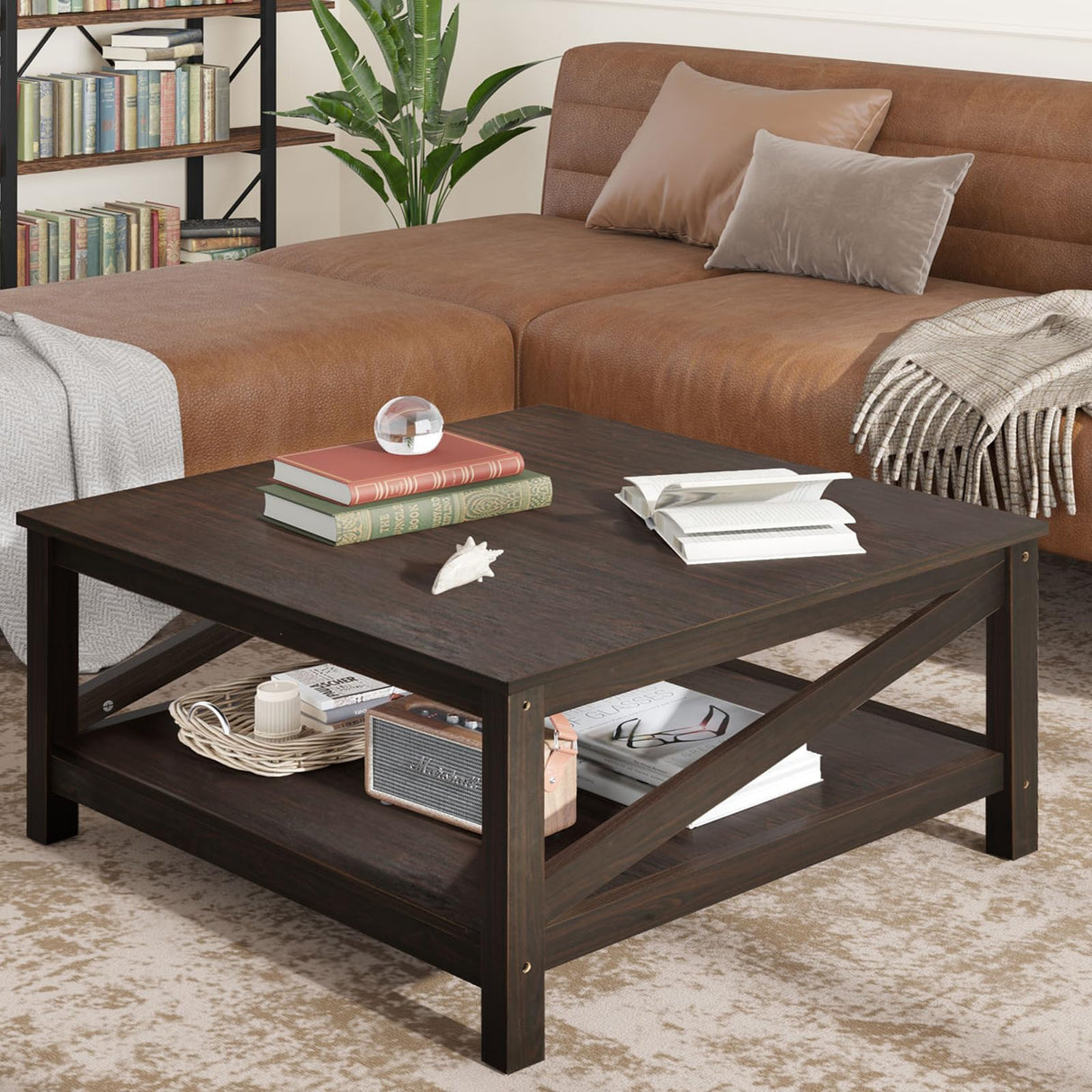 DWVO Coffee Tables with Storage, Farmhouse Coffee Table for Living Room, Square Coffee Table 2-Tier Center Table with Open Storage Shelf, Wood Small Cocktail Table, Espresso DWVO