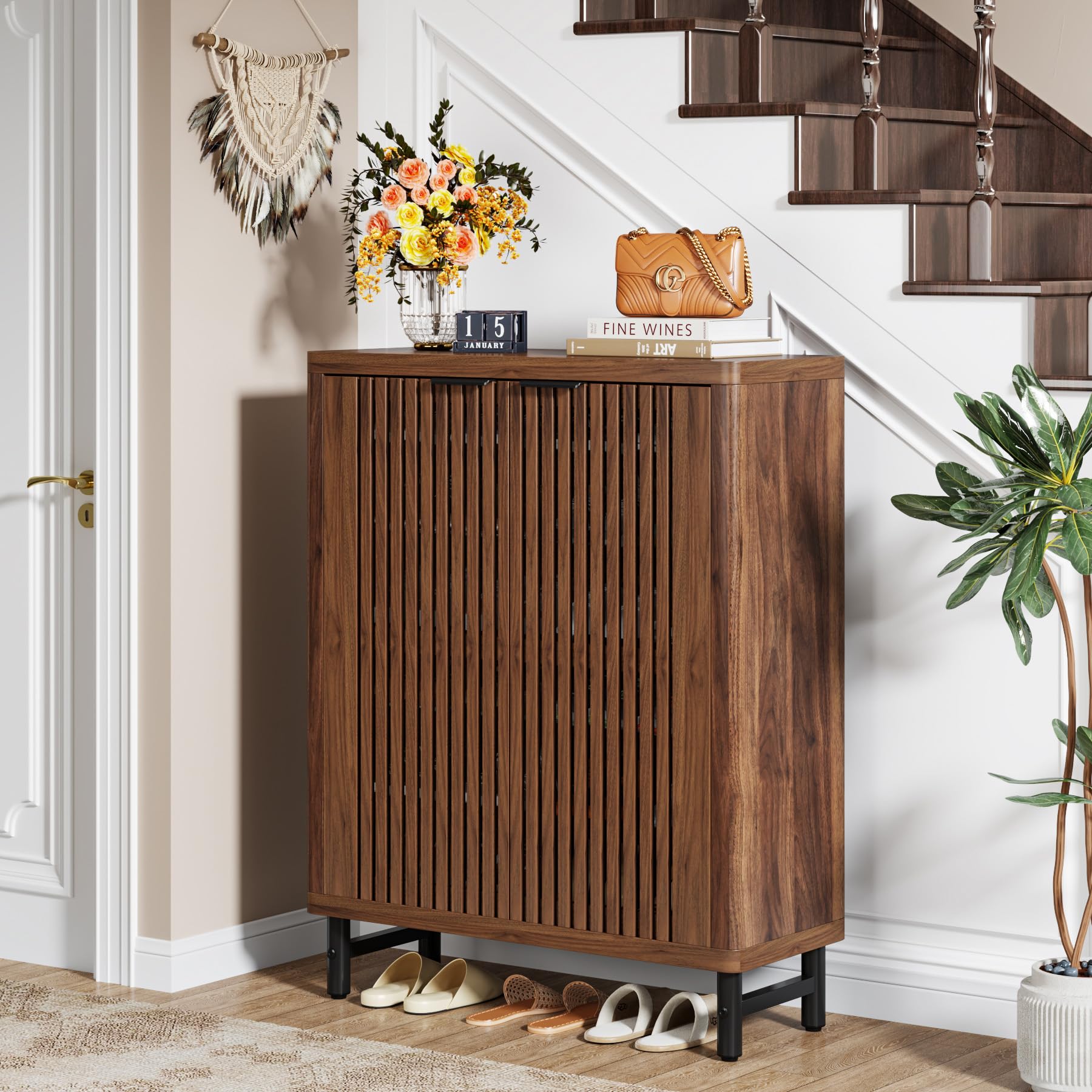 Tribesigns 6-Tier Shoe Cabinet with Louvered Doors, Large Wooden Shoe Storage Cabinet with Adjustable Shelves, Modern Freestanding Shoe Organizer Cabinet for Entryway, Hallway (Walnut) - WoodArtSupply