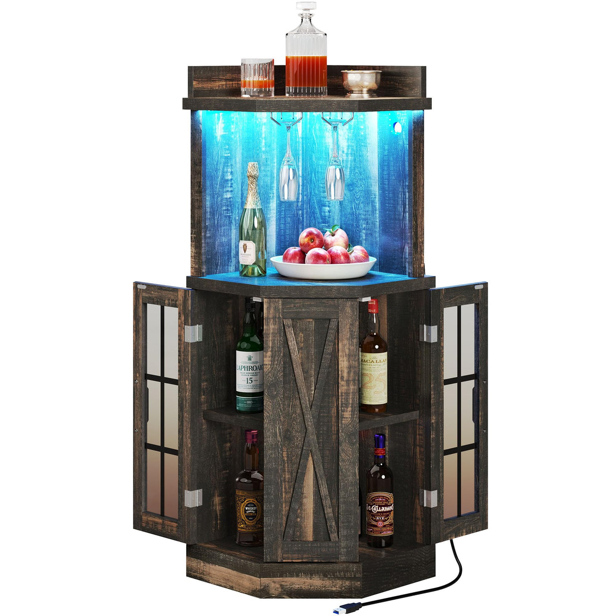 DWVO 53" Corner Bar Cabinet with Glass Door & LED Lights, Farmhouse Wine Cabinet with Glass Holder, 4-Tiers Liquor Cabinet Bar for Home Kitchen, Dining Room, Living Room, Dark Rustic Oak DWVO