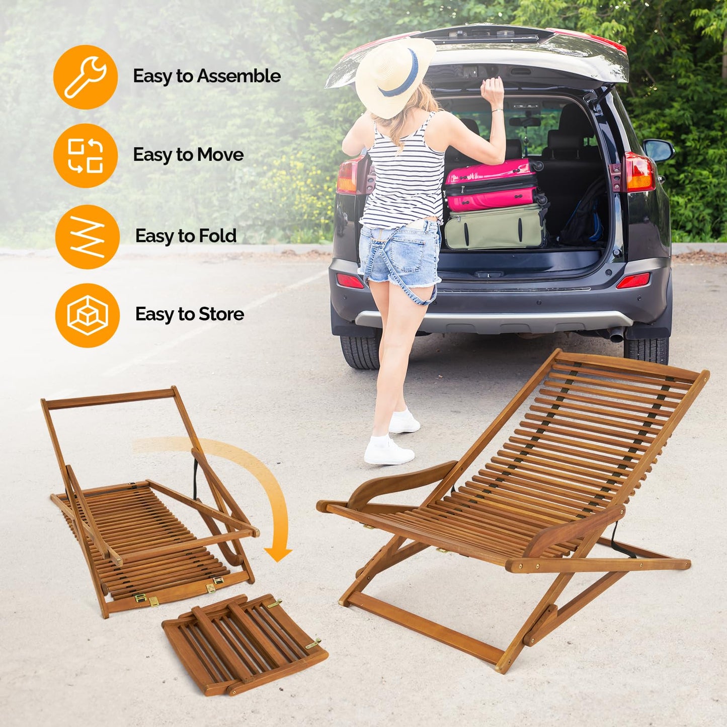 VINGLI FSC Acacia Wood Folding Outdoor Chairs Lounge Chair, Weather-Resistant Wooden Folding Chairs Patio Chair Furniture for Deck Fire Pit Porch Camping, Up to 350LBS - WoodArtSupply