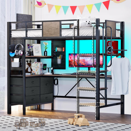 busyaeh Loft Bunk Bed with Desk Underneath, Loft Bed Twin Size with Desk, RGB LED Lights, and Charging Station, with Drawer Cabinets and Pegboards, Twin Max Load-Bearing Weight 400lbs, Oak Gray busyaeh
