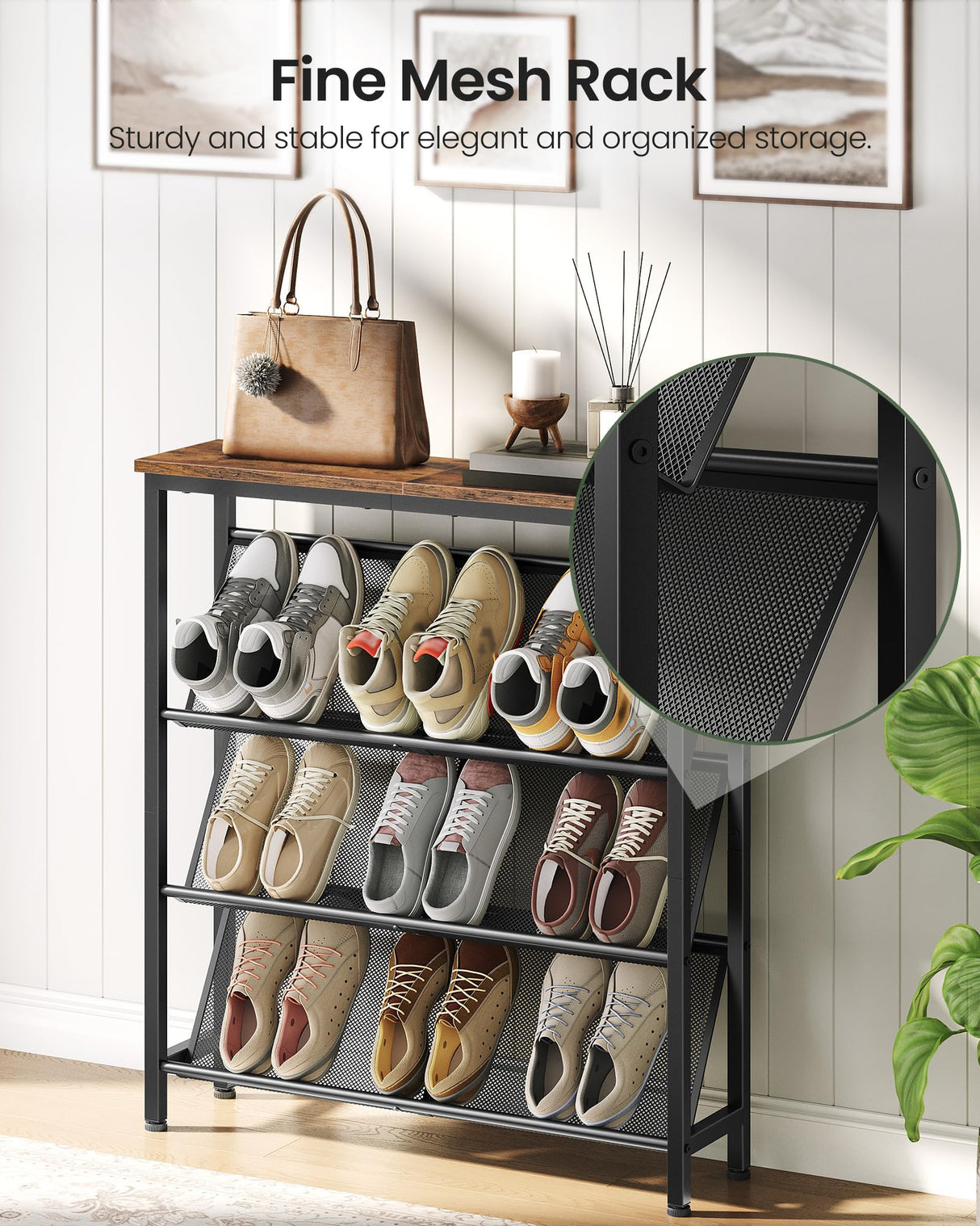 CHOEZON Shoe Rack, 4-Tier Slanted Shoe Storage Shelf, Narrow Shoe Rack for Entryway, Shoe Organizer with Adjustable Feet, Slim Shoe Shelf with Wooden Top and Metal Frame Rustic Brown and Black TXJ75BF CHOEZON