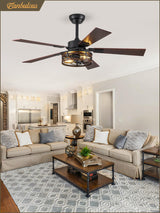 Farmhouse Ceiling Fans with Light, 48 Inch Bedroom Ceiling Fan with Lights, 6-Speed Adjustable, Quiet and Reversible DC Motor, Dual Finish 5 Blades, Rustic Caged Ceiling Fan for Living Room Fanbulous