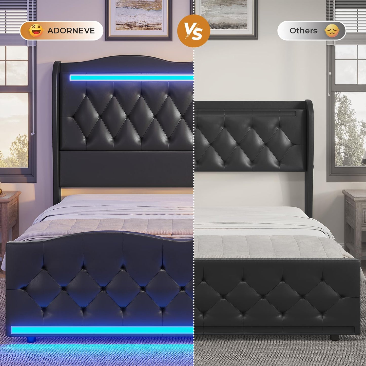 Elegant ADORNEVE Queen Size LED Bed Frame with Tall Wingback Headboard, Footboard, and Charging Station in Black PU Leather - WoodArtSupply