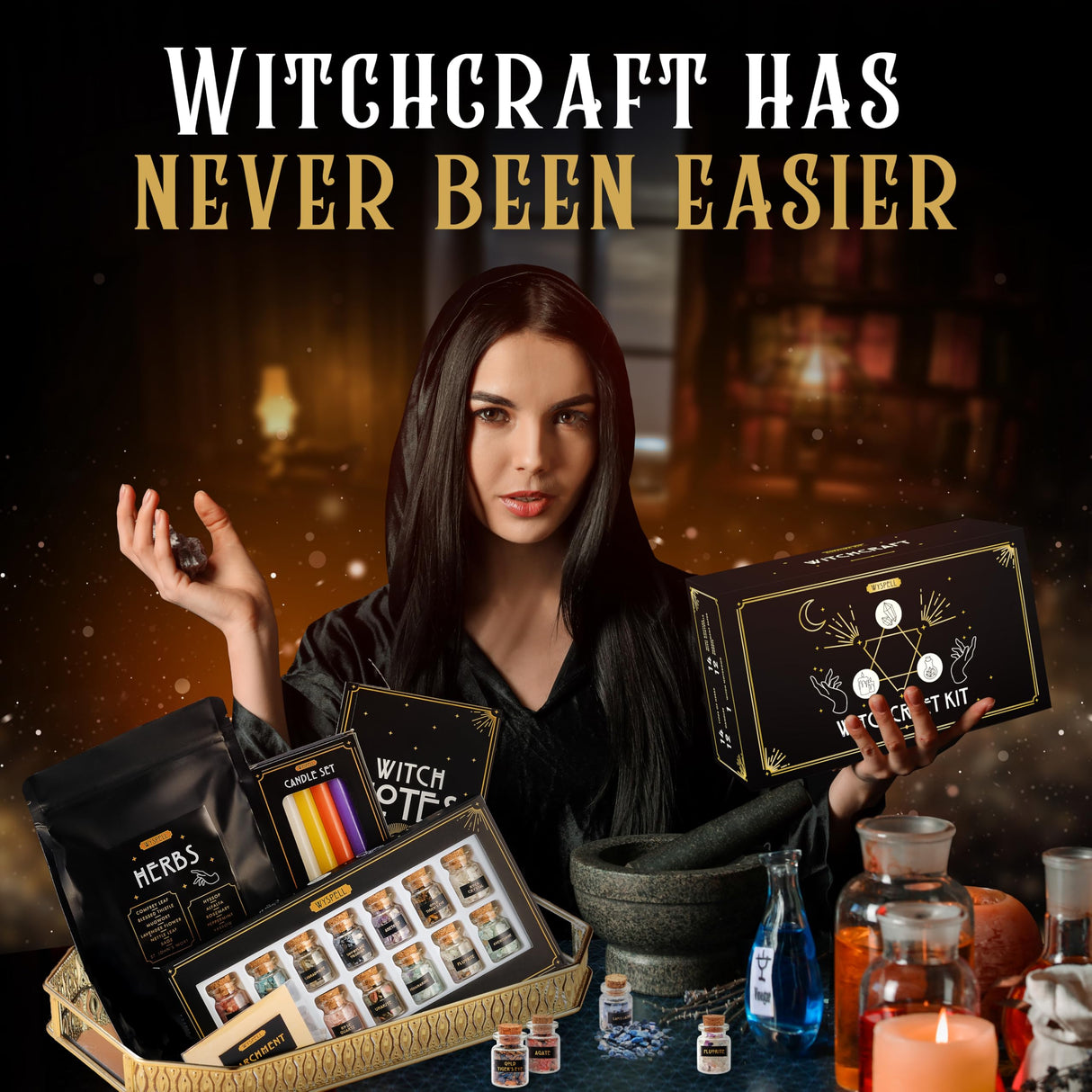 Witchcraft Supplies Kit for Witch Altar 54PCS - Spell Candles for Witches - Crystals Spell Jars for Witches - Herbs for Spells - Beginner Witch Starter Box - Witchcraft Kit Wyspell
