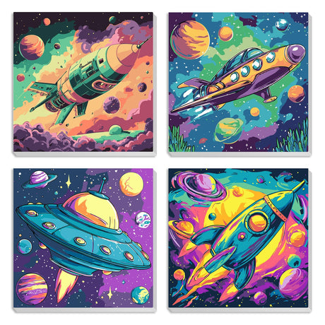 MXJSUA 4 Pack Cartoon Rocket Ship Paint by Numbers Kit with Framed Canvas for Ages 6-12 Kids, Paint by Numbers Kits for Children Beginners, Acrylic Oil Painting for Home Wall Decor Gift (8x8 inch) MXJSUA