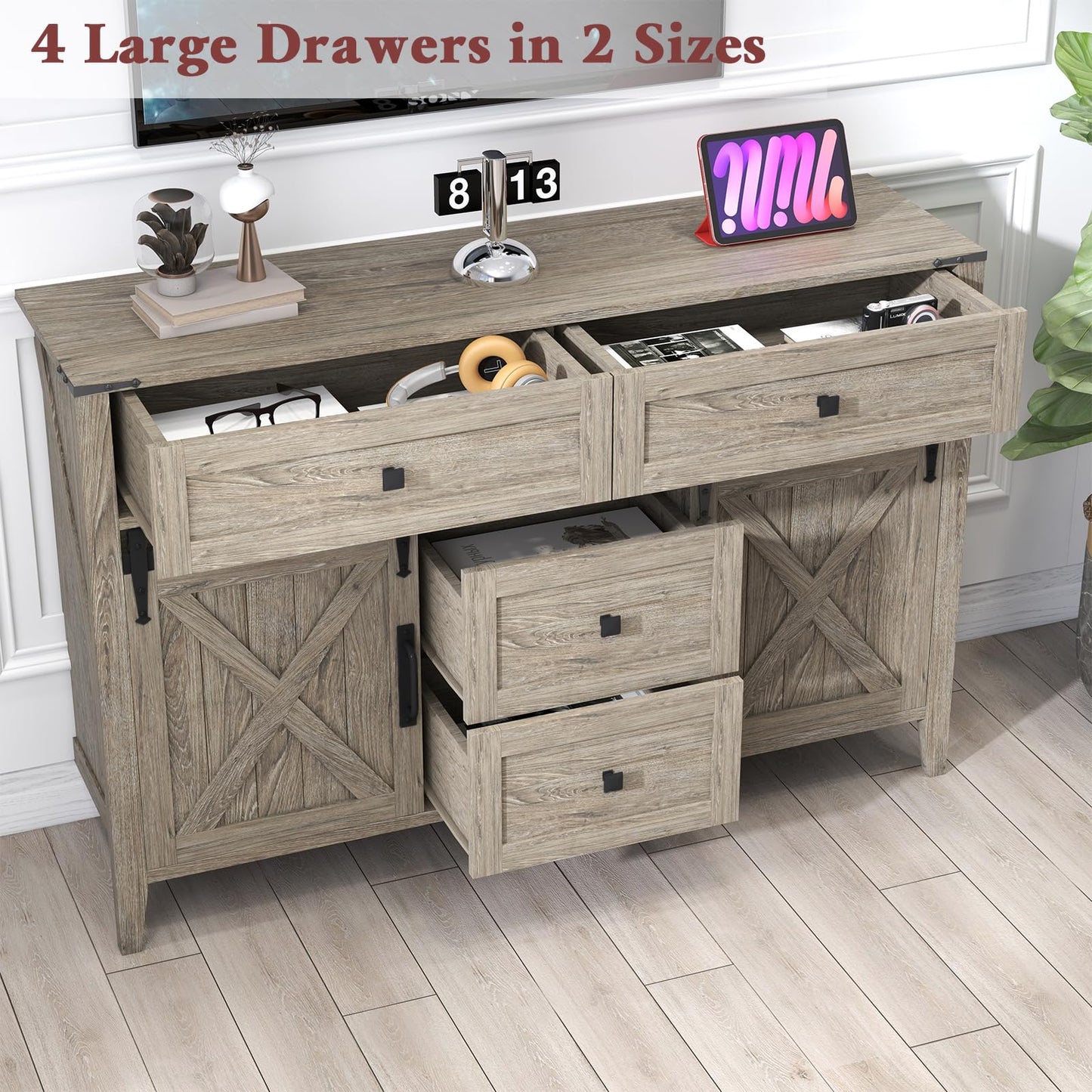 GlouMod Farmhouse Dresser for Bedroom, 47 Inch Sliding Barn Door Wood Texture Rustic Chest of Drawers 4 Drawers Dresser TV Stand for Bedroom, Driftwood Gray - WoodArtSupply