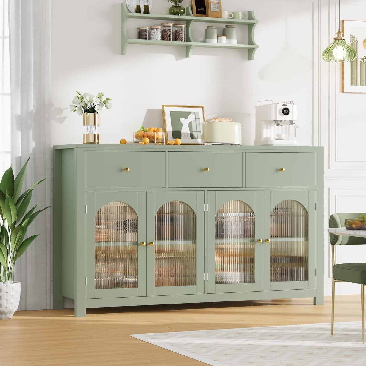 FINETONES Buffet Cabinet with Storage, 55.1" Large Sideboard Buffet, Farmhouse Kitchen Cabinet with 3 Drawers and 4 Doors, Wood Coffee Bar Table for Kitchen, Green FINETONES