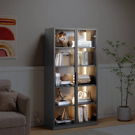 MIIIKO 63" Grey Glass Door Display Cabinet with 5 Shelves for Curios and Collectibles MIIIKO