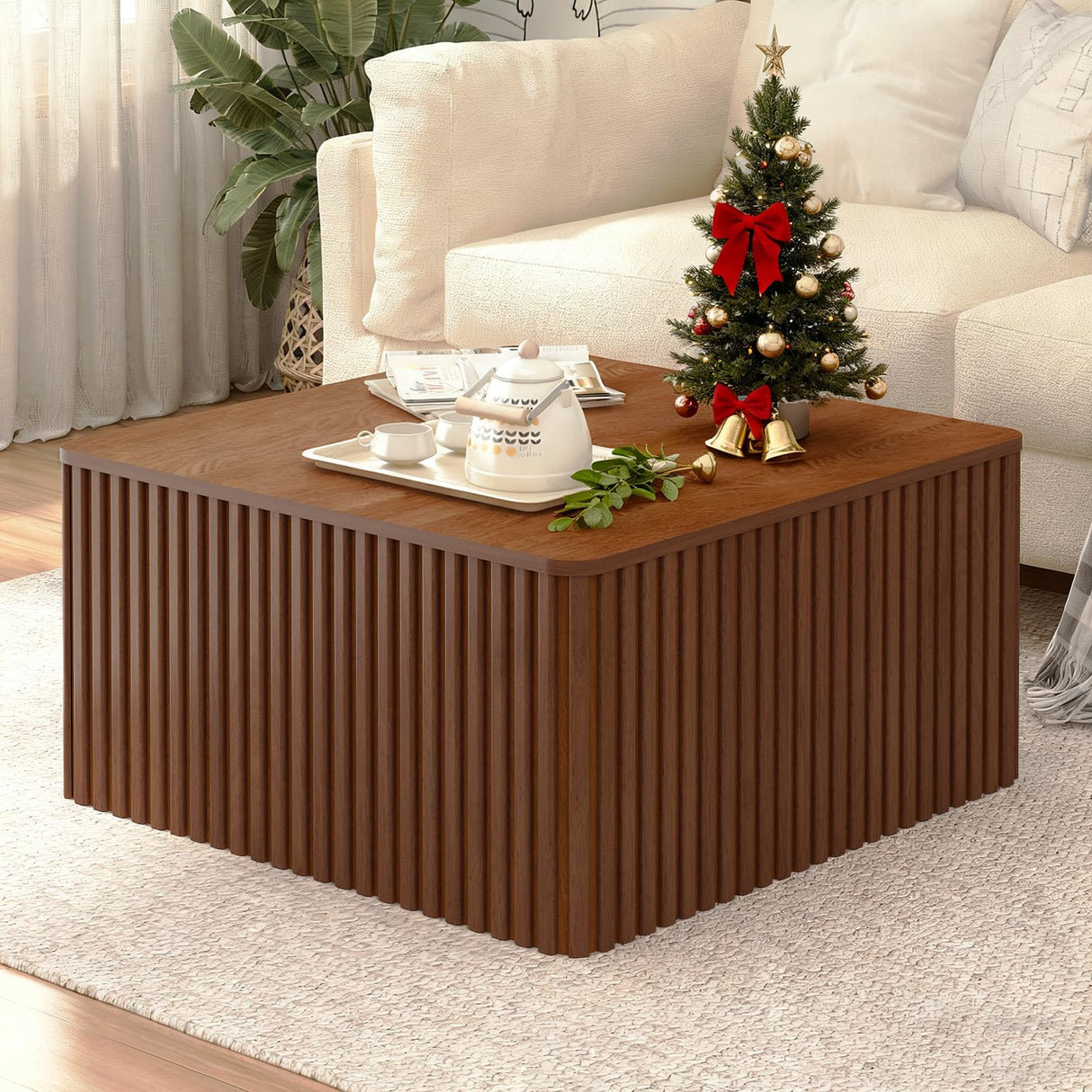 Fluted Square Coffee Table with Storage Large Wood Center Table with Solid Wood Veneer Top Mid Century Modern Low Coffee Table for Living Room, Rustic Brown HOKYHOKY