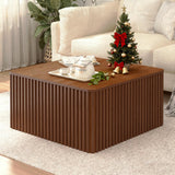 Fluted Square Coffee Table with Storage Large Wood Center Table with Solid Wood Veneer Top Mid Century Modern Low Coffee Table for Living Room, Rustic Brown HOKYHOKY