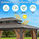 Petyee 10'x13' Gazebo, Hardtop Outdoor Polycarbonate Double Roof Canopy, Aluminum Frame Permanent Pavilion with Curtains and Netting, Sunshade for Garden, Patio, Lawns (10x13ft) Petyee
