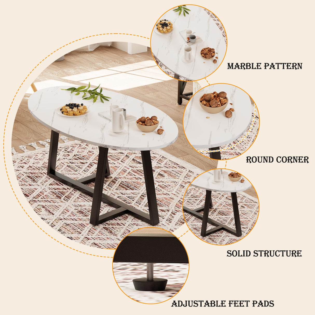 Wolawu Coffee Table White Faux Marble Coffee Table for Living Room,Oval Modern Center Table Tea Table for Small Space,Wooden Living Room Tables End Table with Sturdy Black Metal Leg Wolawu