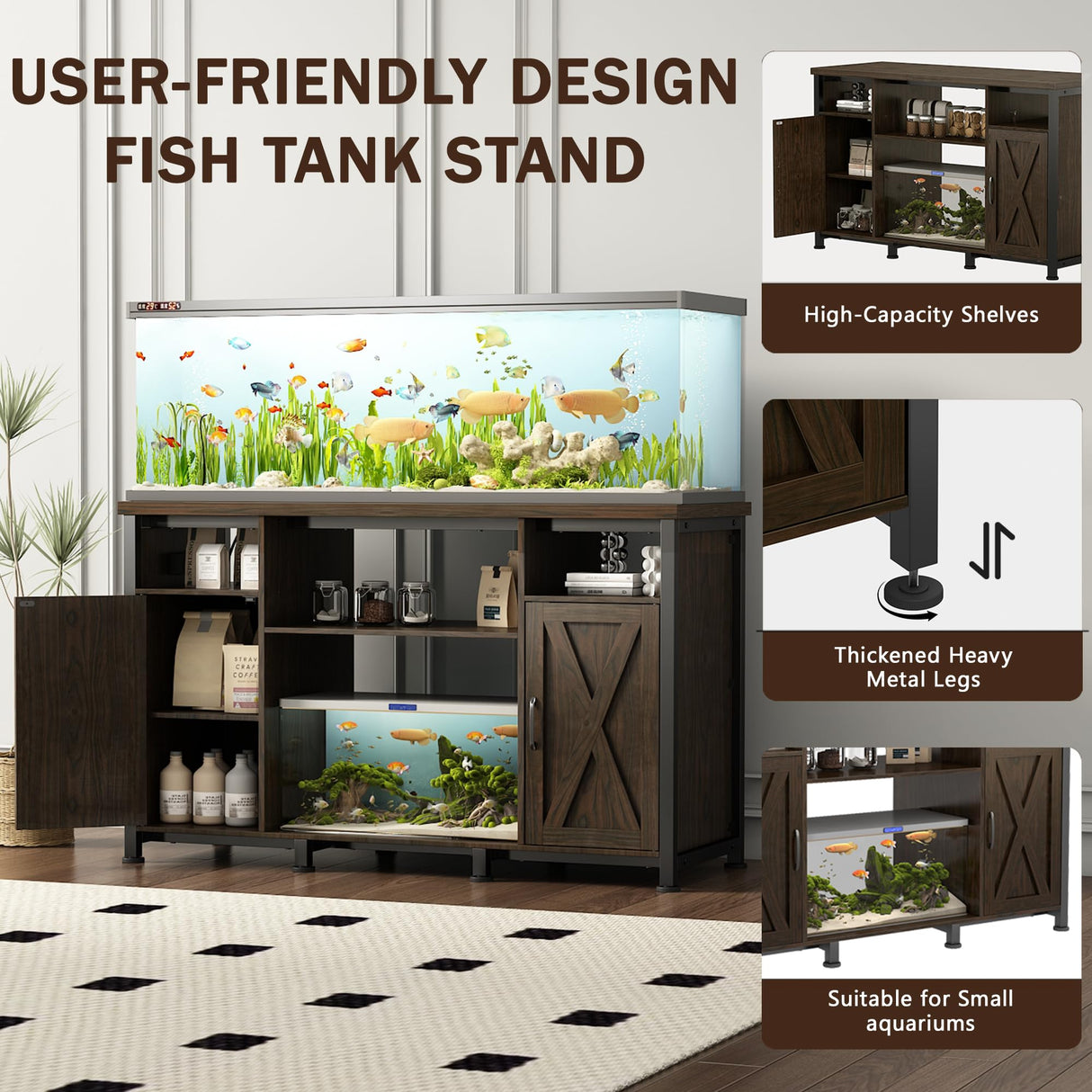 55-90 Gallon Fish Tank Stand with Power Outlets, Aquarium Stand with Cabinet, Heavy Duty Reptile Tank Turtle Terrariums Table for Fish Tank Accessories Storage, 52" L x 19.7" W, 1000LBS Capacity Pipleo