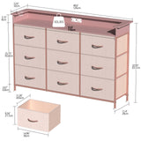 EXOTICA Pink Dresser with LED Light for Girls Bedroom 9 Drawer Dressers with Charging Station Chests of Drawers for Living Room Entryway Closet Hallway Sturdy Steel Frame Wooden Top Easy Pull Handle EXOTICA