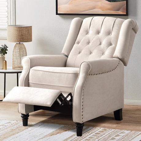 Bonzy Home Push Back Recliner Chair, Mid Century Modern Wingback Chair, Comfy Armchair Fabric Living Room Chairs with Rivet Decoration, Button-Tufted Back, Solid Wood Legs, Beige Bonzy Home