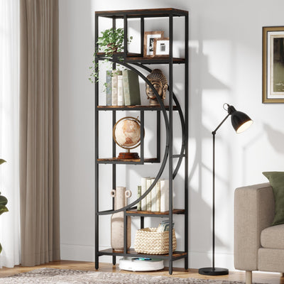 Celaform Geometric Bookshelf, 70.9" Tall Bookcase with 7-Shelf Open Shelves, Wood Metal Book Shelf Display Rack Storage Shelving Unit for Office, Bedroom, Living Room, Easy Assembly, Rustic Brown
