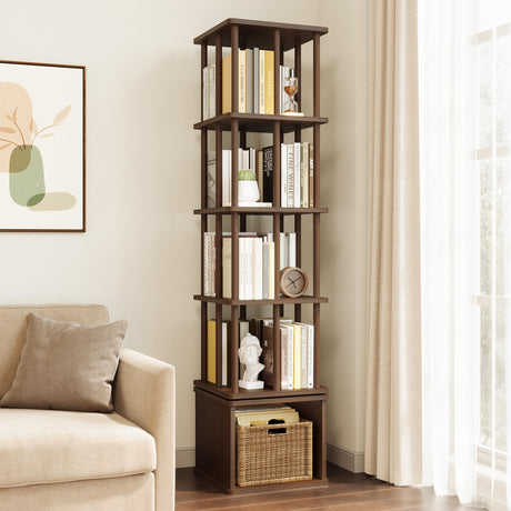 IOTXY 5-Tier Rotating Bookshelf Tower - Beech Wood Frame Spinning Bookcase with Storage Base, Tall Freestanding Revolving Shelf Organizer, Walnut IOTXY