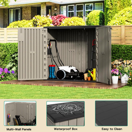 KINYING Outdoor Horizontal Storage Sheds,Outdoor Storage Cabinet Waterproof Resin Tool Storage Box for Lawn Mower,Garden Tools and Patio Furniture, Lockable (Brown) KINYING