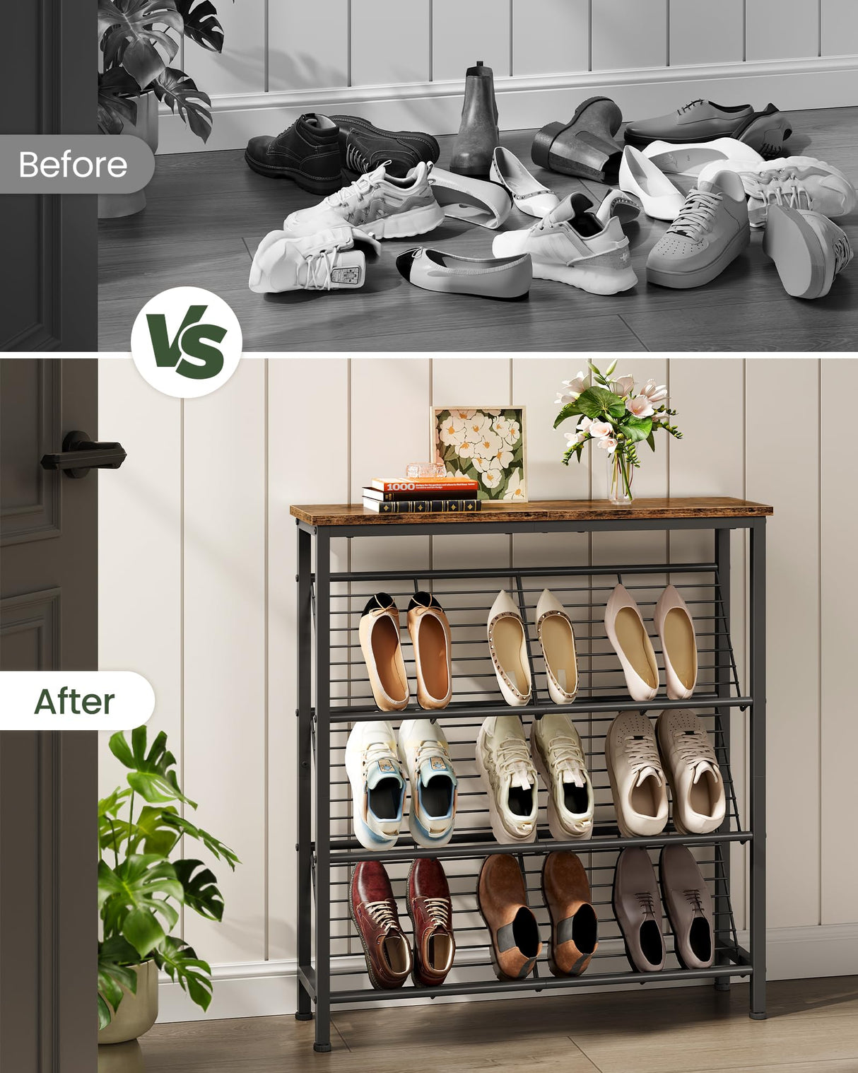 CHOEZON Shoe Rack, 4-Tier Narrow Shoe Storage Shelf, Slim Shoe Rack with Wooden Top and Metal Shelves, Slanted Shoe Organizer, Industrial Style, for Entryway, Hallway, Rustic Brown and Black TXJ76BF CHOEZON