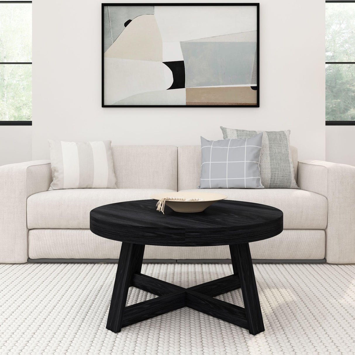 Plank+Beam Classic Round Coffee Table, 36 Inch Farmhouse Coffee Table, Rustic Mini Center Tables for Small Spaces, Small Living Space Tea Table, Black Wirebrush Plank+Beam
