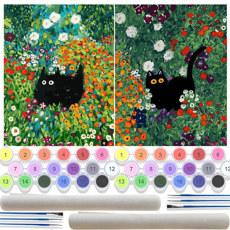 TONGZONGFU 2 Pack Black Cat Paint by Numbers Kit for Adults Beginner,Easy Paint by Numbers Flowers-Cat Painting by Numbers for Adult on Canvas Number Artist Paint by Number Kit for Adult 12x16 in TONGZONGFU