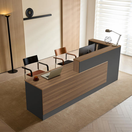 Huariifowm Modern L Shape Reception Desk with Counter,Stylish Front Desk Reception Counter with Drawers, Open Shelves, and Keyboard Tray (Walnut+Iron Gray/Left, 71" L*24" W*41" H) Huariifowm