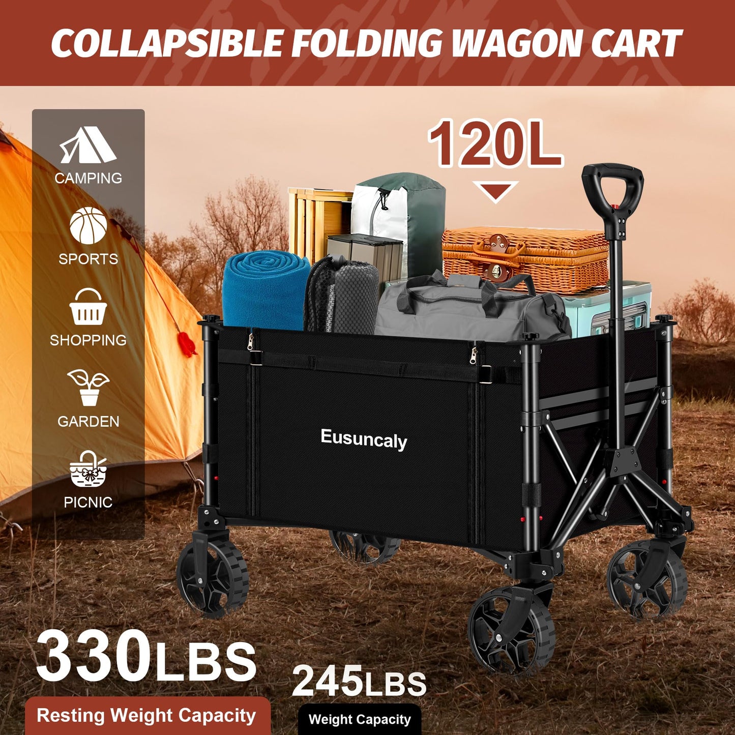 Eusuncaly Collapsible Wagon Cart with Wheels Foldable Wagon Folding Outdoor Utility Wagon Grocery Wagon for Camping Shopping Sports Gardeing Fishing (Black)