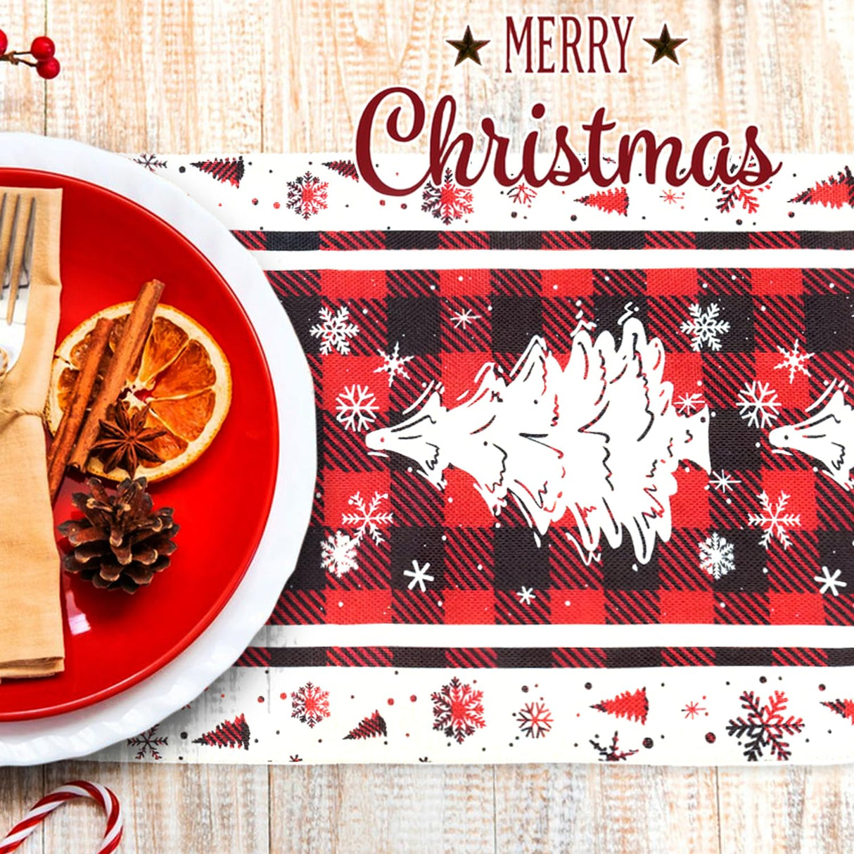 Buffalo Plaid Christmas Tree Christmas Table Runner, Red Winter Holiday Kitchen Dining Christmas Table Decoration for Indoor Outdoor Home Party Decor 13x72 Inch (Christmas Tree) Lapensa