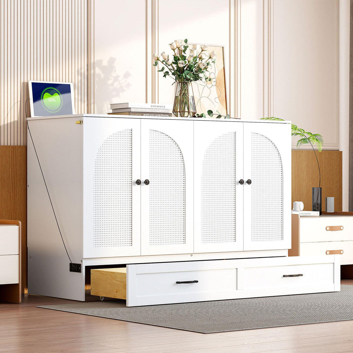 Merax Full Size Murphy Bed Cabinet with Charging Station and Large Storage Drawer, Foldable Pull Out Murphy Chest Bed for Apartments, Bedrooms, Studio, No Spring Box Needed, White Merax