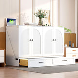 Merax Full Size Murphy Bed Cabinet with Charging Station and Large Storage Drawer, Foldable Pull Out Murphy Chest Bed for Apartments, Bedrooms, Studio, No Spring Box Needed, White Merax