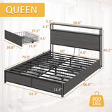 Lifezone Queen Bed Frame with 2-Tier Storage Headboard, Metal Platform Bed Frame with 4 Storage Drawers, Built in Charging Station & LED, Noise-Free/Metal Support/No Box Spring Needed, Rustic Grey Lifezone