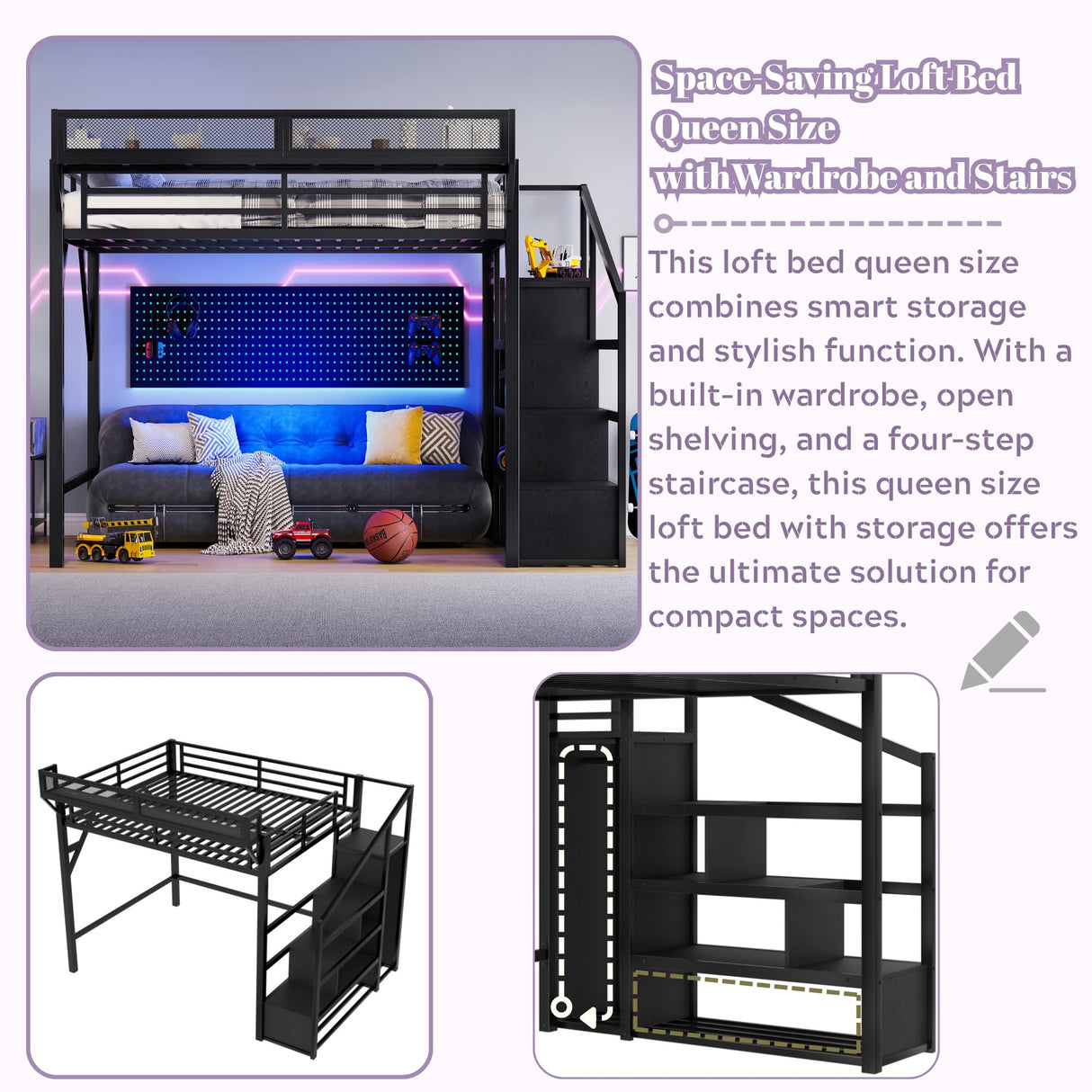 Queen Loft Beds with Storage Beside Shelves and Wardrobe, Metal Loft Bed Queen with LED Lights and USB Ports, Heavy-Duty Loft Bed Frame for Teens, Adults, Noise-Free & Space-Saving, Metal Black Bellemave