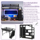 Queen Loft Beds with Storage Beside Shelves and Wardrobe, Metal Loft Bed Queen with LED Lights and USB Ports, Heavy-Duty Loft Bed Frame for Teens, Adults, Noise-Free & Space-Saving, Metal Black Bellemave